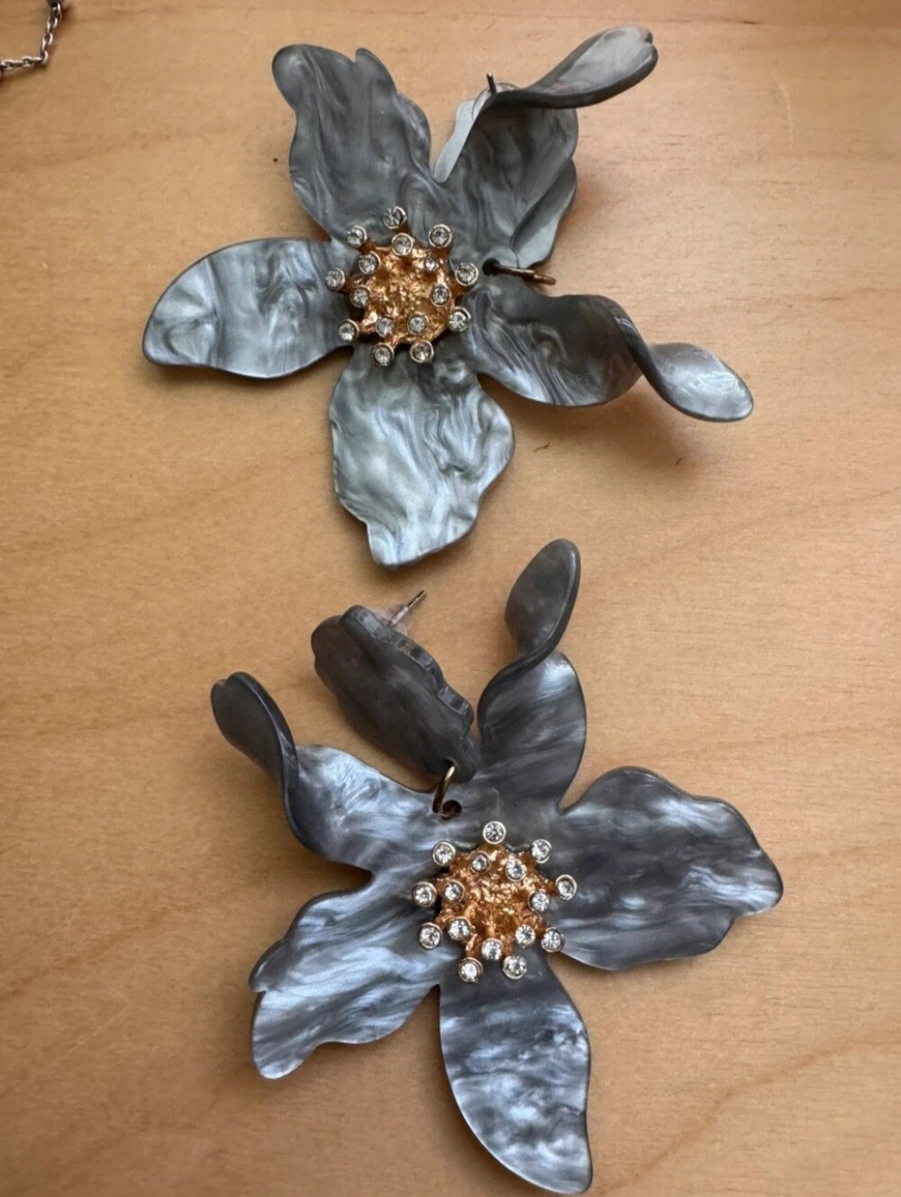 & Other Stories Marbled Gray Floral Drop Earrings with Gold and Crystal Centers